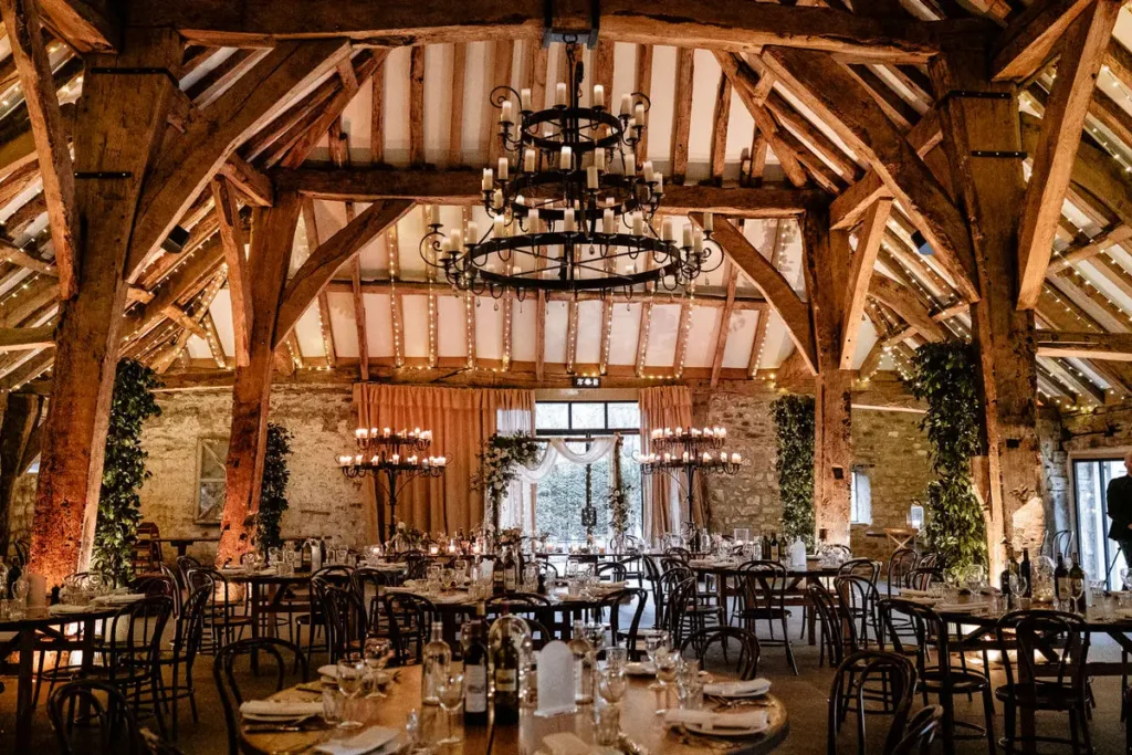 the tithe barn in Yorkshire laid out for a wedding