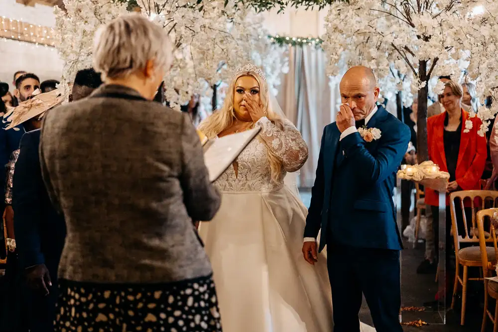 bride and her father get emotional at their Yorkshire wedding ceremony